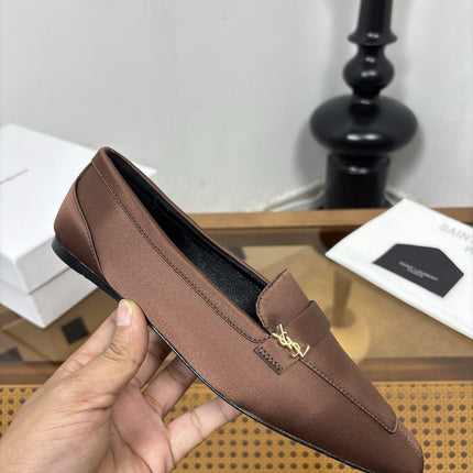 YSL 26S SQUARE-TOE LOAFERS IN BROWN SATIN