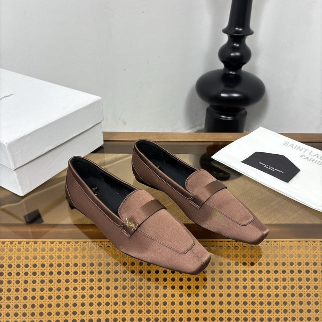 YSL 26S SQUARE-TOE LOAFERS IN BROWN SATIN