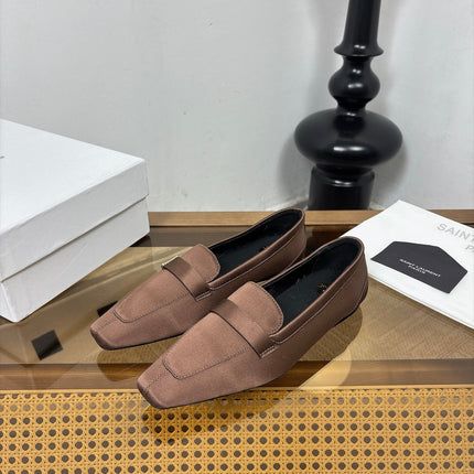 YSL 26S SQUARE-TOE LOAFERS IN BROWN SATIN