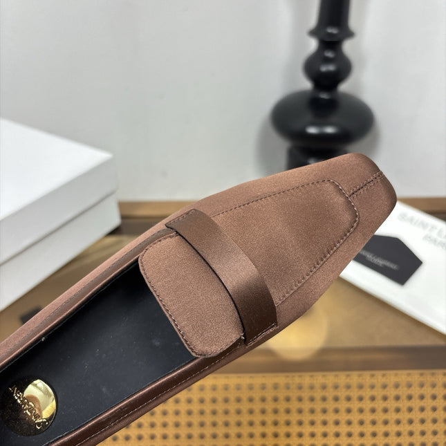 YSL 26S SQUARE-TOE LOAFERS IN BROWN SATIN