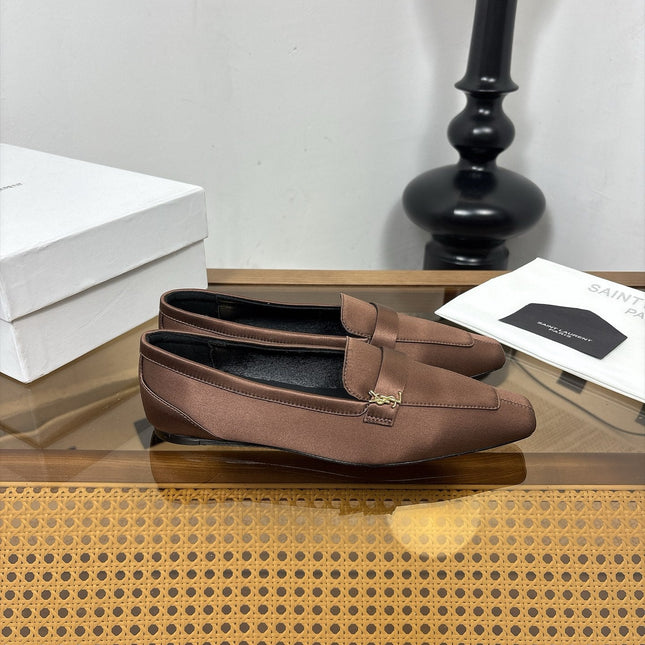 YSL 26S SQUARE-TOE LOAFERS IN BROWN SATIN