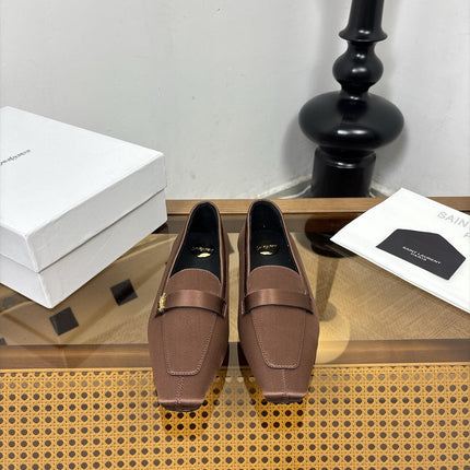 YSL 26S SQUARE-TOE LOAFERS IN BROWN SATIN