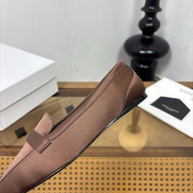 YSL 26S SQUARE-TOE LOAFERS IN BROWN SATIN