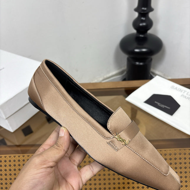 YSL 26S SQUARE-TOE LOAFERS IN GOLDEN BEIGE SATIN