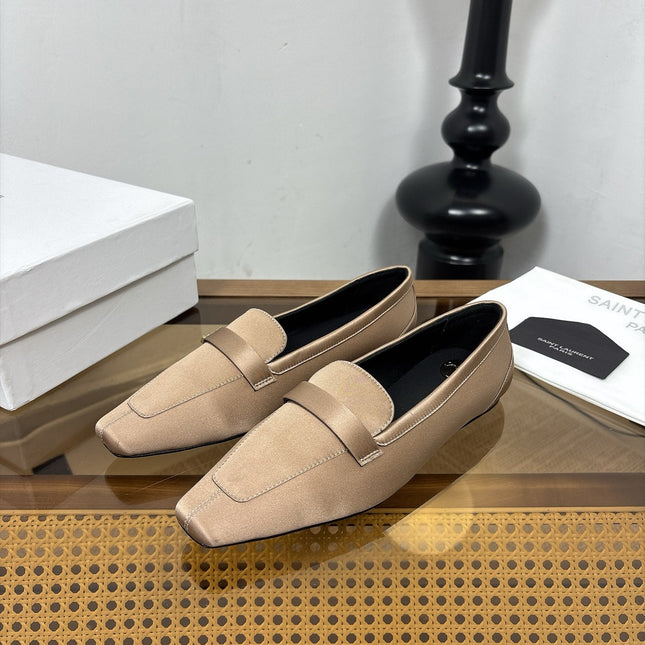 YSL 26S SQUARE-TOE LOAFERS IN GOLDEN BEIGE SATIN