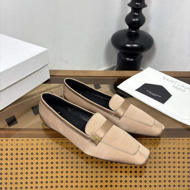 YSL 26S SQUARE-TOE LOAFERS IN GOLDEN BEIGE SATIN