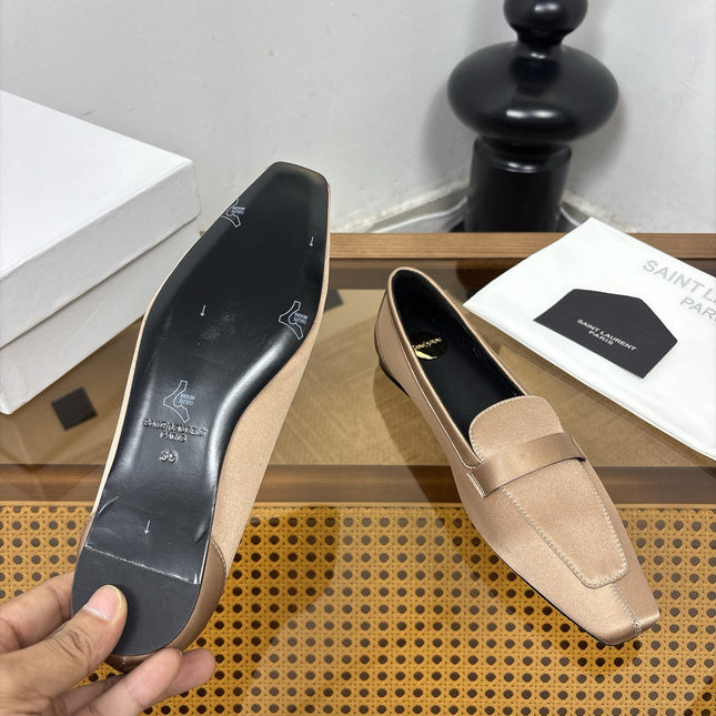 YSL 26S SQUARE-TOE LOAFERS IN GOLDEN BEIGE SATIN