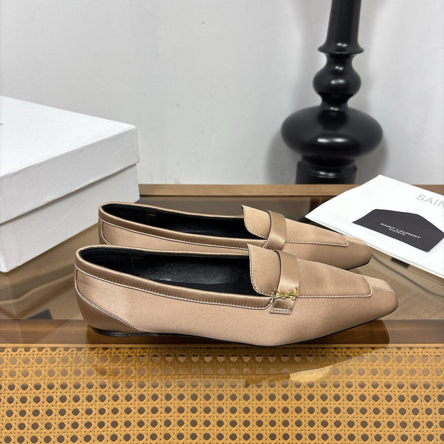 YSL 26S SQUARE-TOE LOAFERS IN GOLDEN BEIGE SATIN