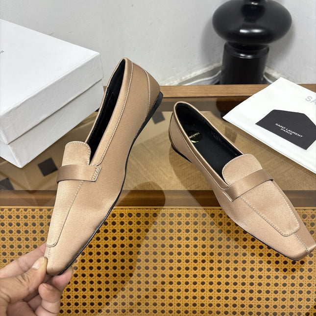YSL 26S SQUARE-TOE LOAFERS IN GOLDEN BEIGE SATIN