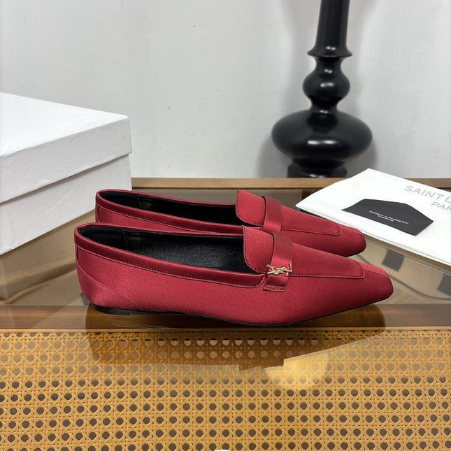 YSL 26S SQUARE-TOE LOAFERS IN DARK RED SATIN