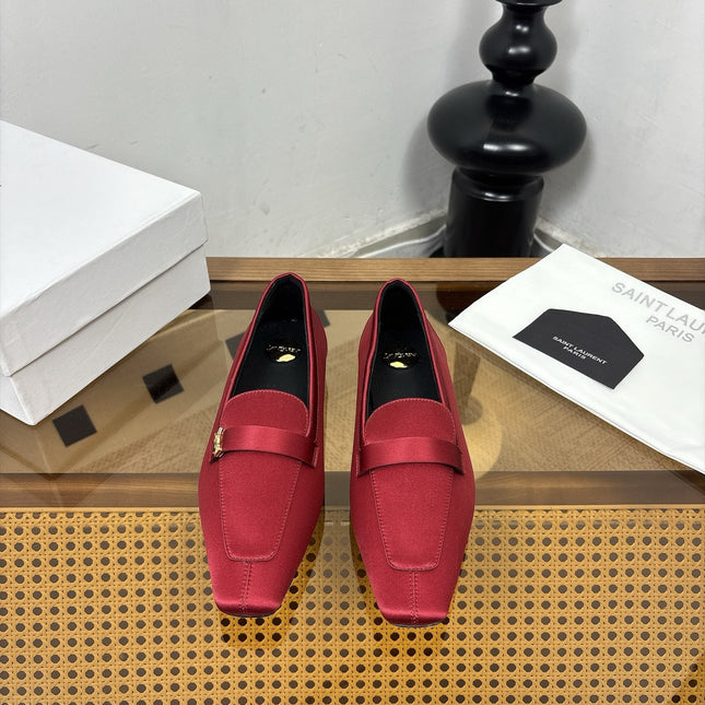 YSL 26S SQUARE-TOE LOAFERS IN DARK RED SATIN