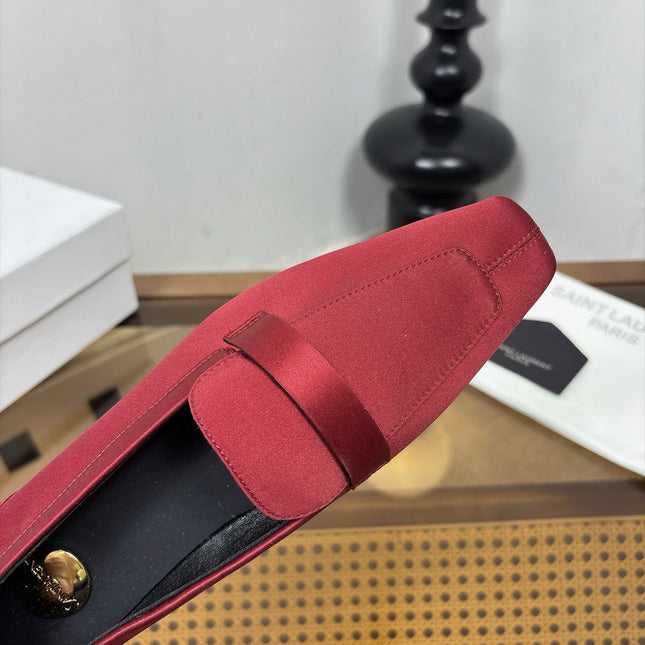 YSL 26S SQUARE-TOE LOAFERS IN DARK RED SATIN