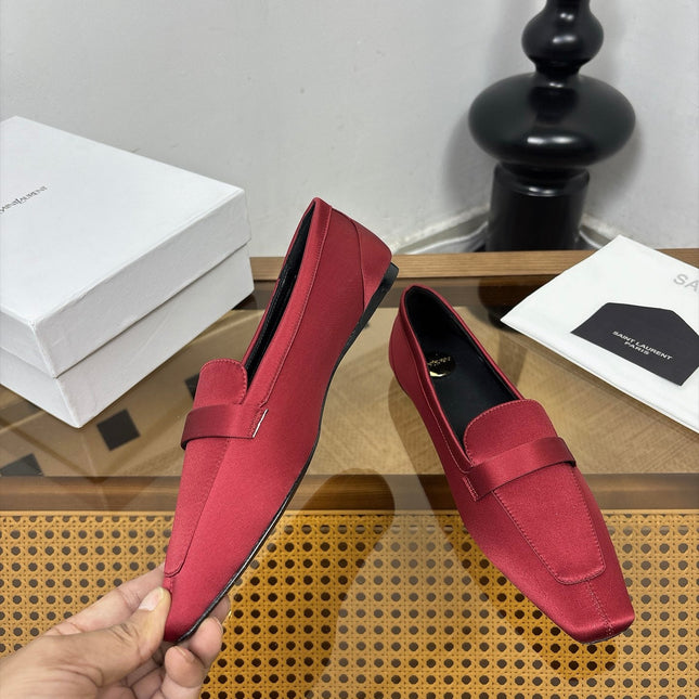 YSL 26S SQUARE-TOE LOAFERS IN DARK RED SATIN