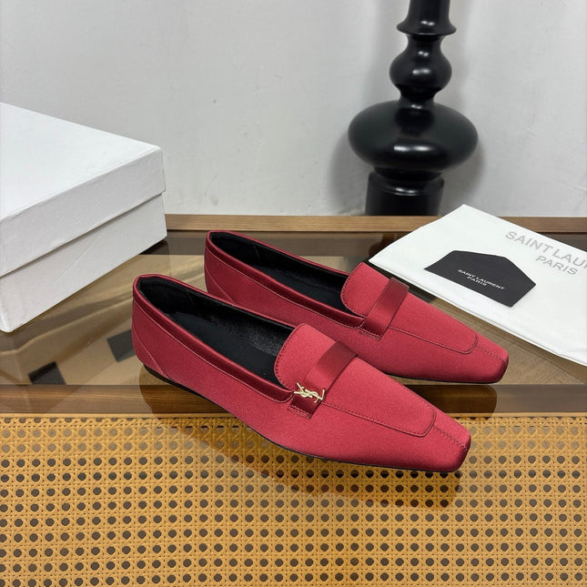 YSL 26S SQUARE-TOE LOAFERS IN DARK RED SATIN