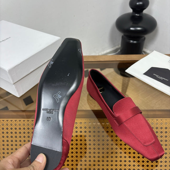 YSL 26S SQUARE-TOE LOAFERS IN DARK RED SATIN