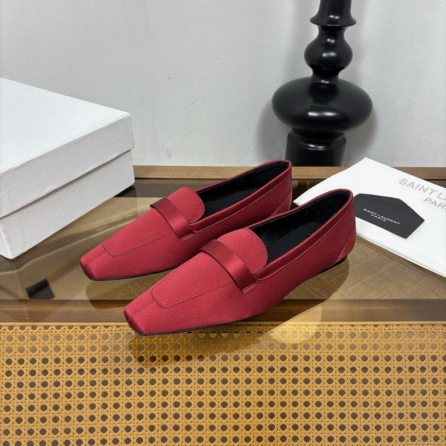 YSL 26S SQUARE-TOE LOAFERS IN DARK RED SATIN