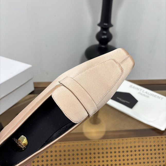 YSL 26S SQUARE-TOE LOAFERS IN NUDE PINK SATIN