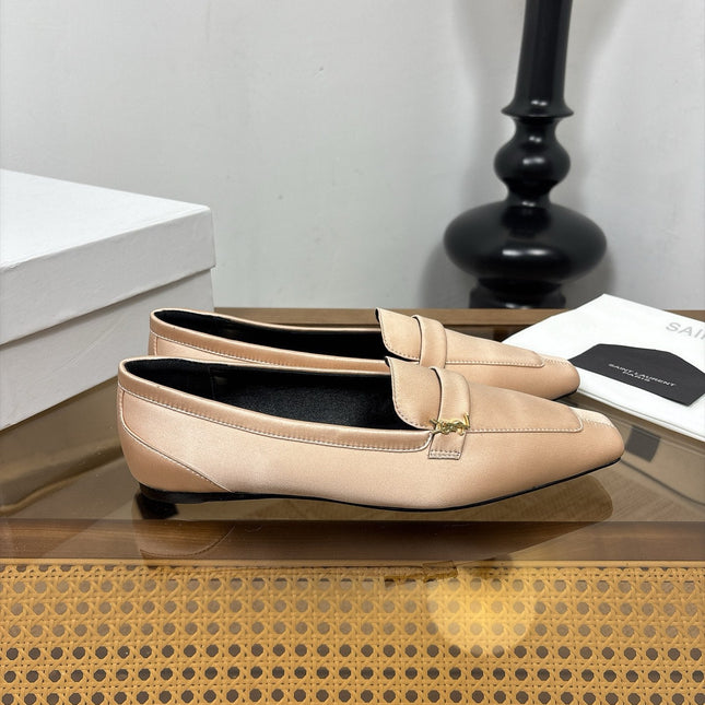 YSL 26S SQUARE-TOE LOAFERS IN NUDE PINK SATIN