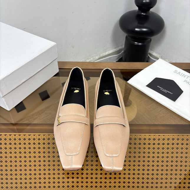 YSL 26S SQUARE-TOE LOAFERS IN NUDE PINK SATIN