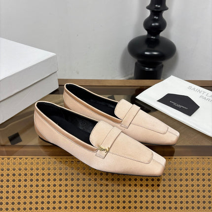 YSL 26S SQUARE-TOE LOAFERS IN NUDE PINK SATIN