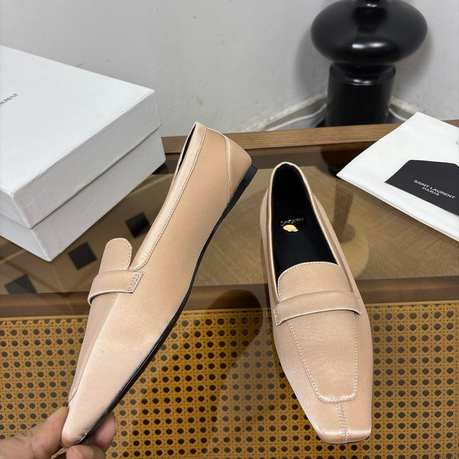 YSL 26S SQUARE-TOE LOAFERS IN NUDE PINK SATIN
