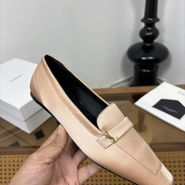 YSL 26S SQUARE-TOE LOAFERS IN NUDE PINK SATIN