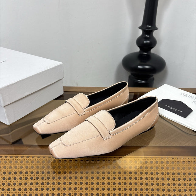 YSL 26S SQUARE-TOE LOAFERS IN NUDE PINK SATIN