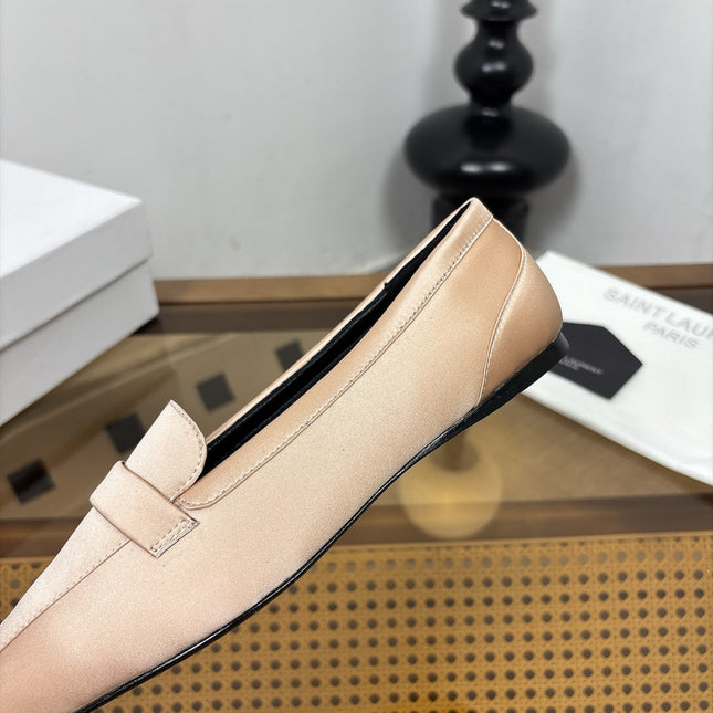 YSL 26S SQUARE-TOE LOAFERS IN NUDE PINK SATIN