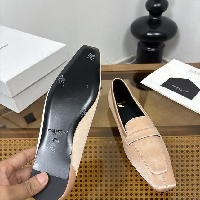 YSL 26S SQUARE-TOE LOAFERS IN NUDE PINK SATIN