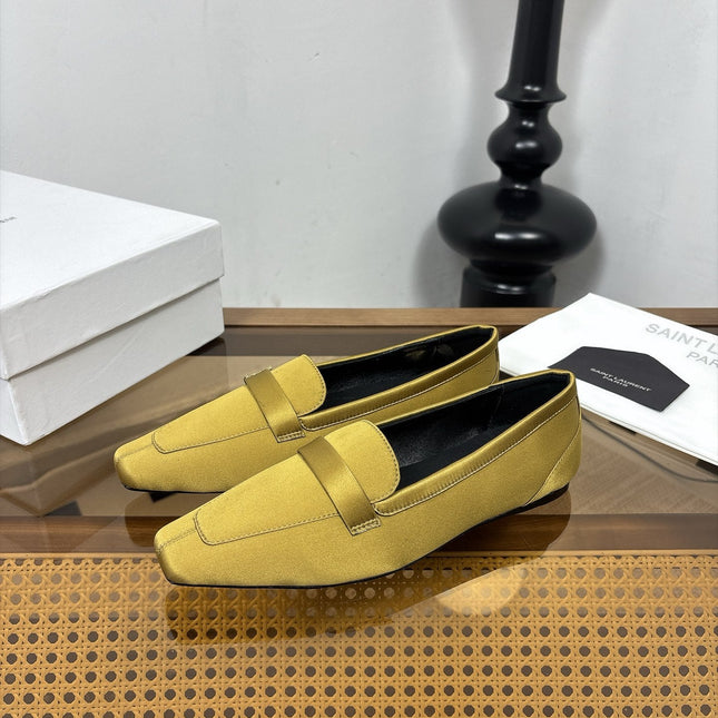 YSL 26S SQUARE-TOE LOAFERS IN YELLOW GOLD SATIN