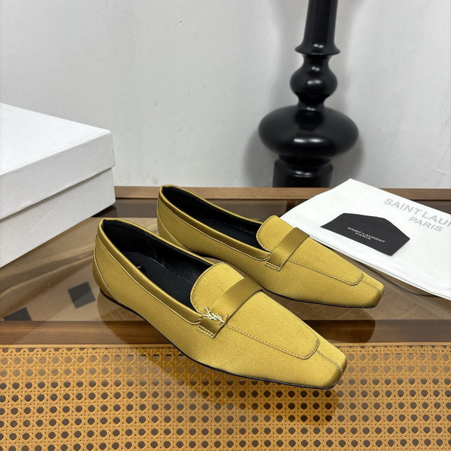 YSL 26S SQUARE-TOE LOAFERS IN YELLOW GOLD SATIN