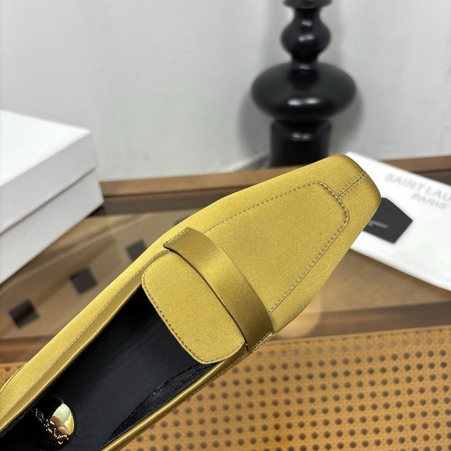 YSL 26S SQUARE-TOE LOAFERS IN YELLOW GOLD SATIN