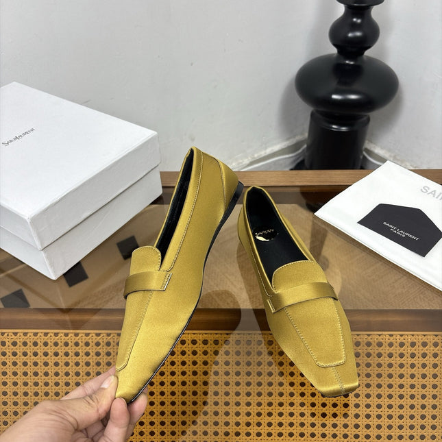 YSL 26S SQUARE-TOE LOAFERS IN YELLOW GOLD SATIN