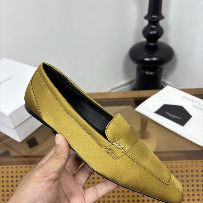 YSL 26S SQUARE-TOE LOAFERS IN YELLOW GOLD SATIN
