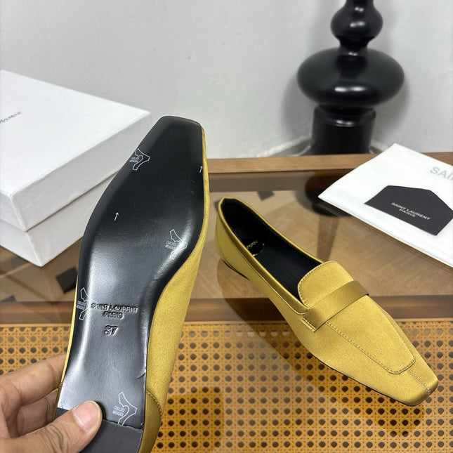 YSL 26S SQUARE-TOE LOAFERS IN YELLOW GOLD SATIN