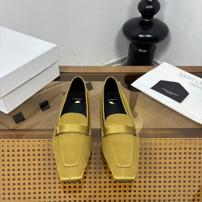 YSL 26S SQUARE-TOE LOAFERS IN YELLOW GOLD SATIN