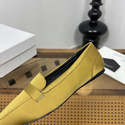 YSL 26S SQUARE-TOE LOAFERS IN YELLOW GOLD SATIN