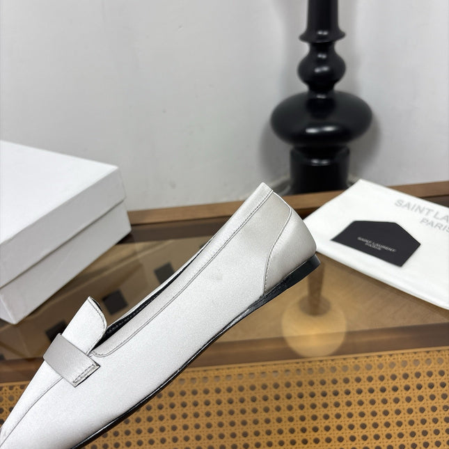 YSL 26S SQUARE-TOE LOAFERS IN LIGHT GREY SATIN