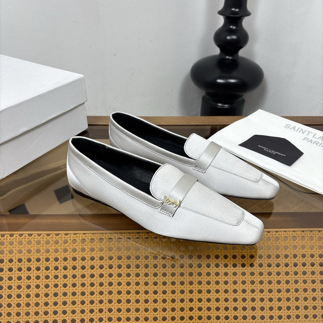 YSL 26S SQUARE-TOE LOAFERS IN LIGHT GREY SATIN