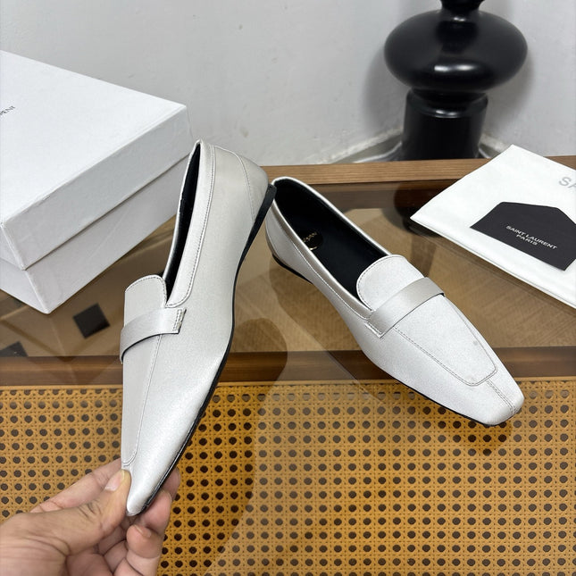 YSL 26S SQUARE-TOE LOAFERS IN LIGHT GREY SATIN