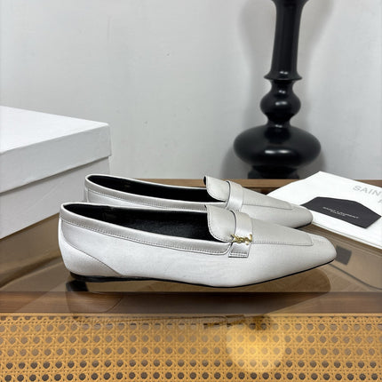 YSL 26S SQUARE-TOE LOAFERS IN LIGHT GREY SATIN