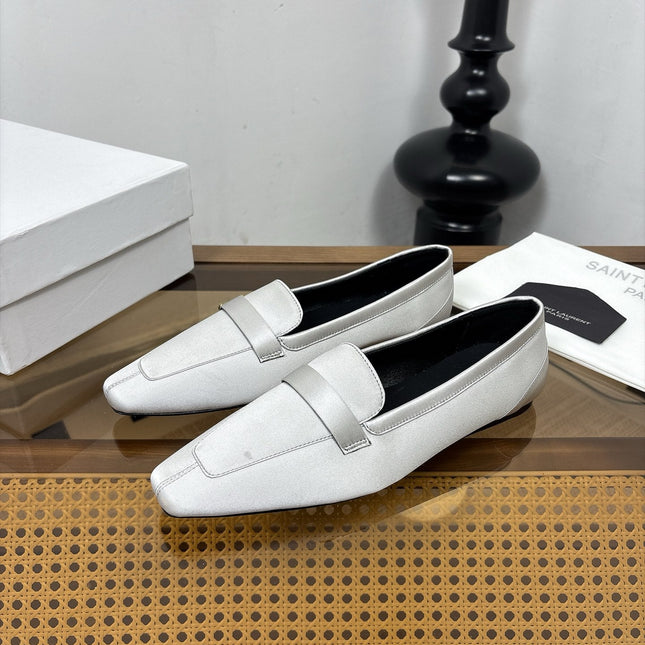 YSL 26S SQUARE-TOE LOAFERS IN LIGHT GREY SATIN