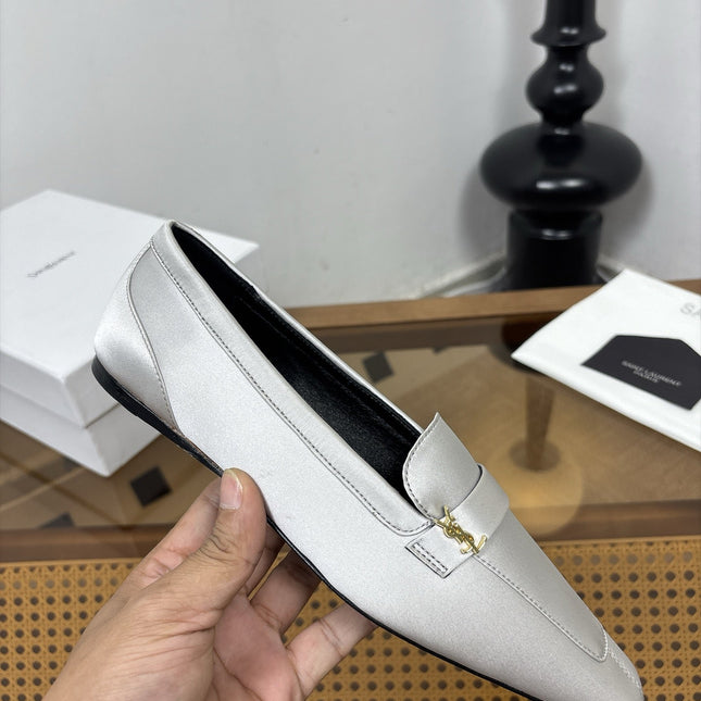 YSL 26S SQUARE-TOE LOAFERS IN LIGHT GREY SATIN