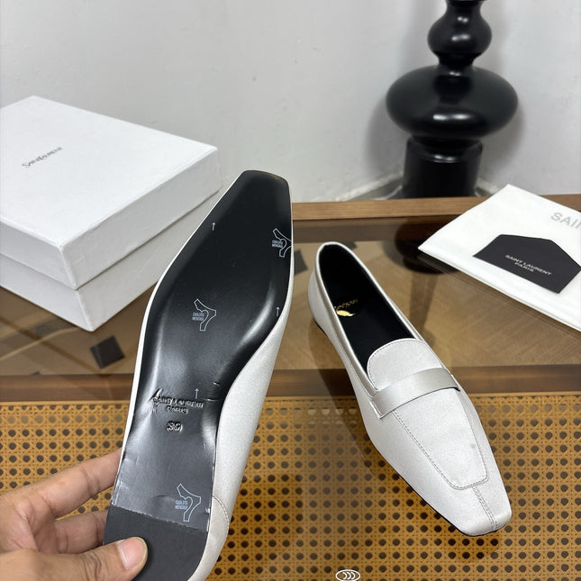 YSL 26S SQUARE-TOE LOAFERS IN LIGHT GREY SATIN