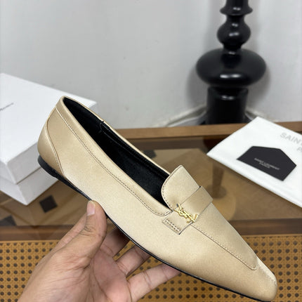 YSL 26S SQUARE-TOE LOAFERS IN BEIGE SATIN