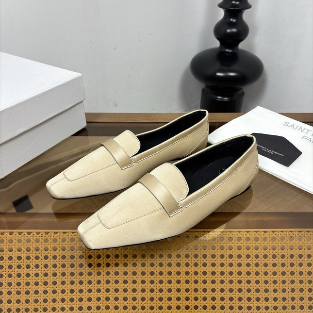 YSL 26S SQUARE-TOE LOAFERS IN BEIGE SATIN