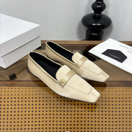 YSL 26S SQUARE-TOE LOAFERS IN BEIGE SATIN