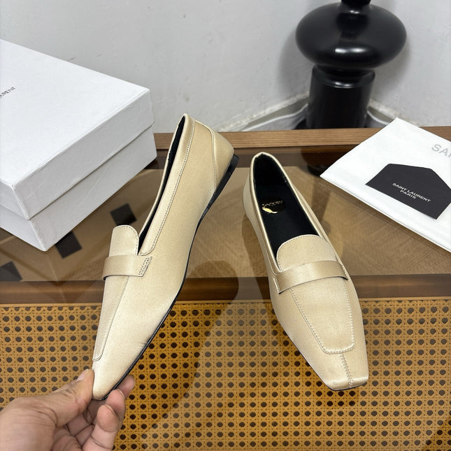 YSL 26S SQUARE-TOE LOAFERS IN BEIGE SATIN