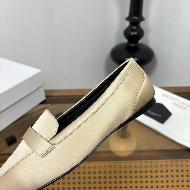 YSL 26S SQUARE-TOE LOAFERS IN BEIGE SATIN