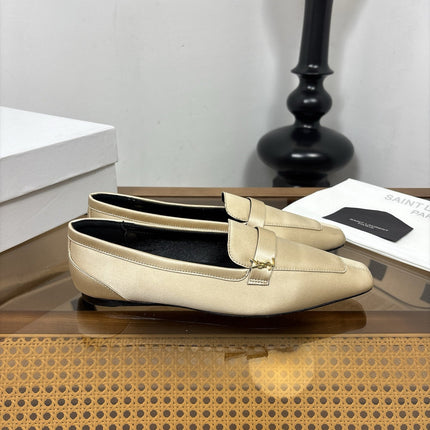 YSL 26S SQUARE-TOE LOAFERS IN BEIGE SATIN